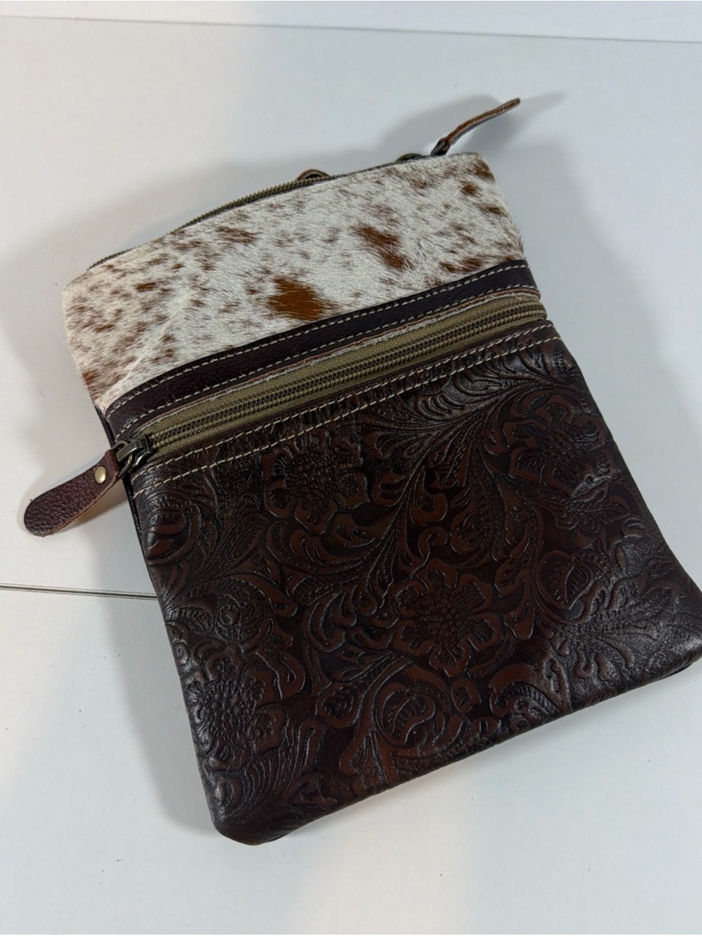 Myra Bag Brown Tooled Leather & Cowhide Crossbody Bag - Brown Small